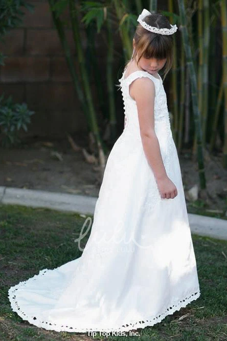 Embroidered Satin Flower Girl Dress with Court Train and Beaded Flowers Unique Wedding Dress for Girls