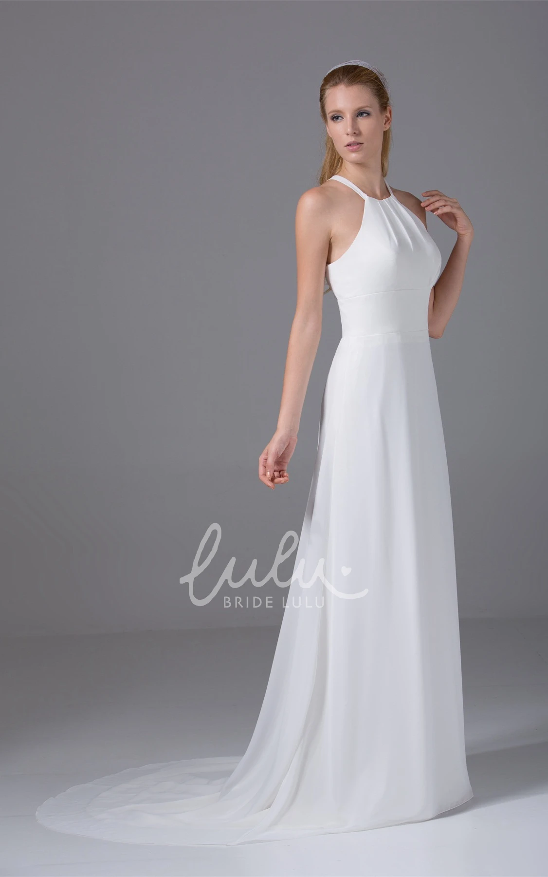 Sleeveless Halter Chiffon A-Line Long Wedding Dress Simple Beach Bridal Gown