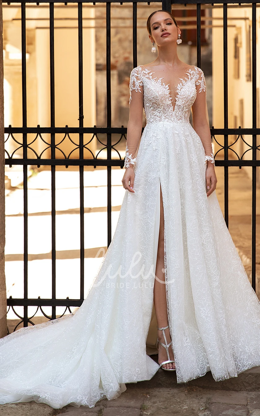 Casual A Line Tulle Wedding Dress with Plunging Neckline Split Front and Beading