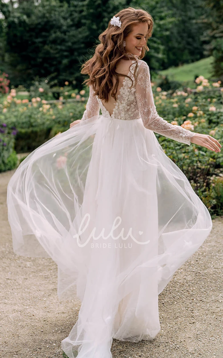 Bohemian Illusion Back A-Line Chiffon Lace Beach Wedding Dress with V-Neckline