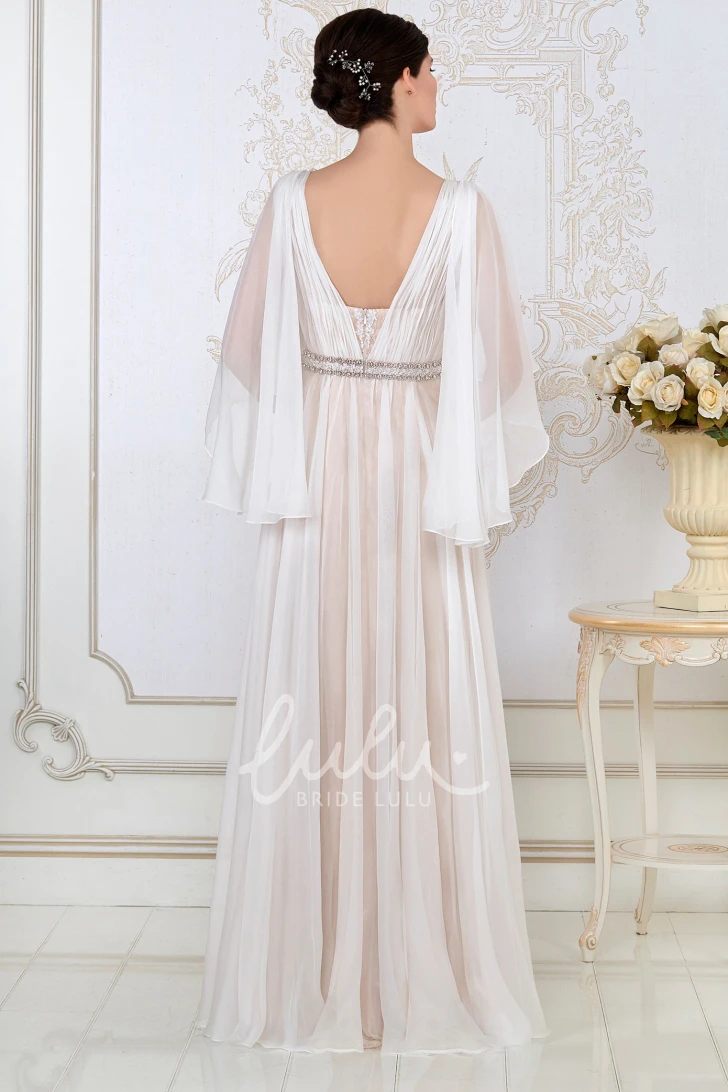 A-Line Beaded Tulle Evening Dress with Poet-Sleeve and V-Neck