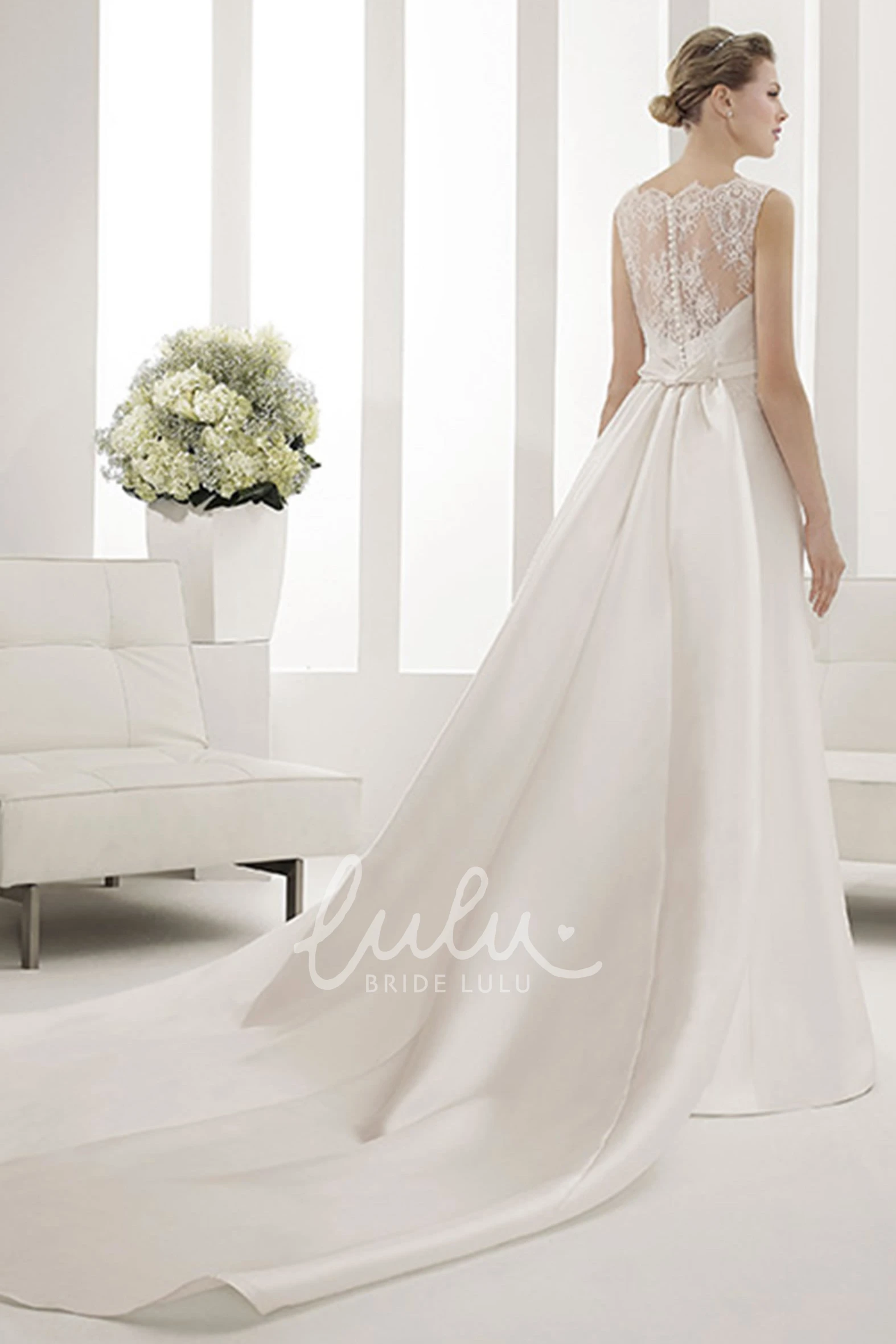 Satin Sheath Wedding Dress with Lace Top and Belt
