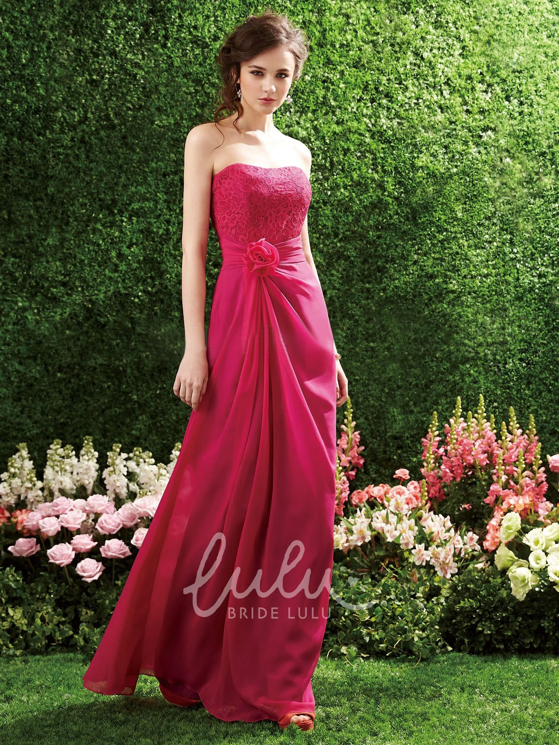 Chiffon Long Gown with Flower and Lace Bodice Strapless