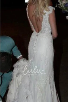Queen Anne V-neck Lace Sheath Wedding Dress Open Back Style
