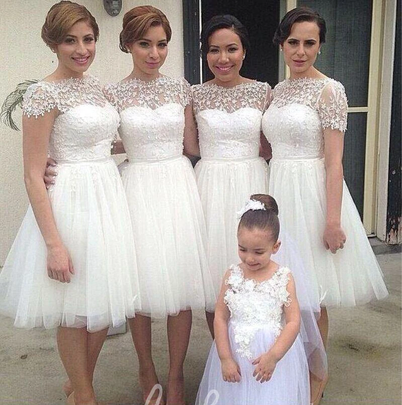 Short Sleeve Tulle Lace Bridesmaid Dress Romantic Formal Dress