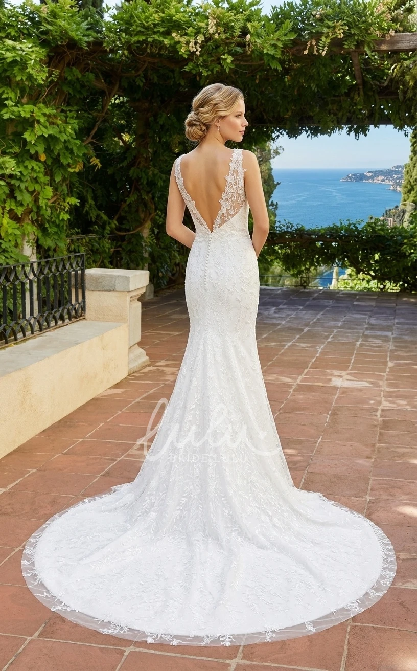 Elegant Beach Mermaid Plunging Boho Lace Spring Wedding Dress Modern Garden Sleeveless Backless Appliques Bridal Gown with Train