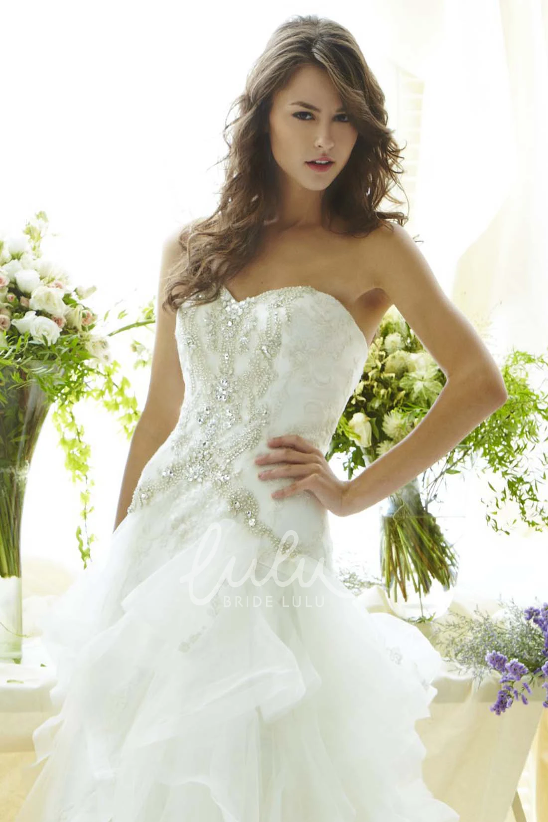 Long Ruffled Organza Wedding Dress with Appliques and Beading A-Line Strapless Sleeveless