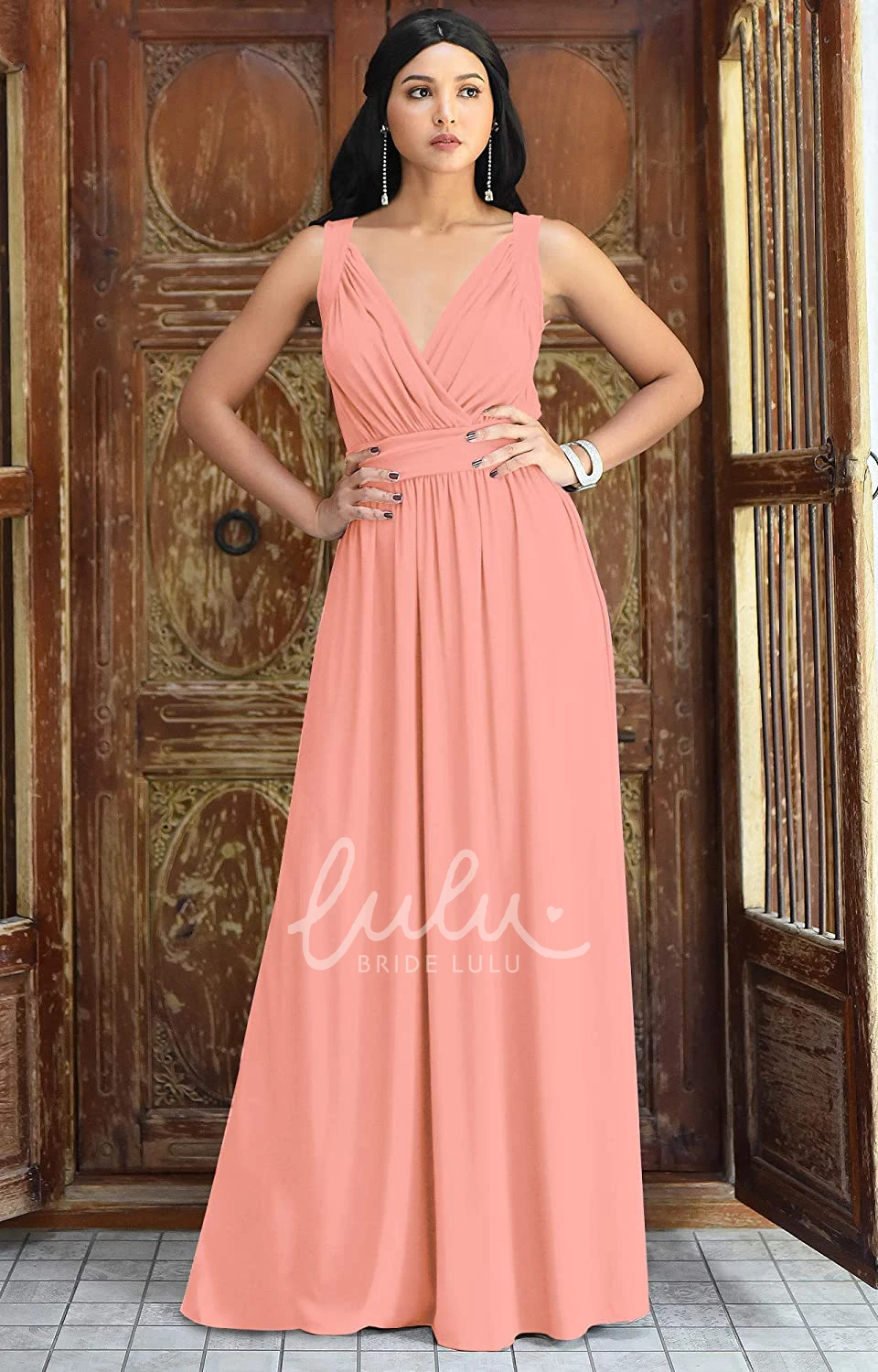 Chiffon V-neck A-line Bridesmaid Dress with Ruching Casual Floor-length