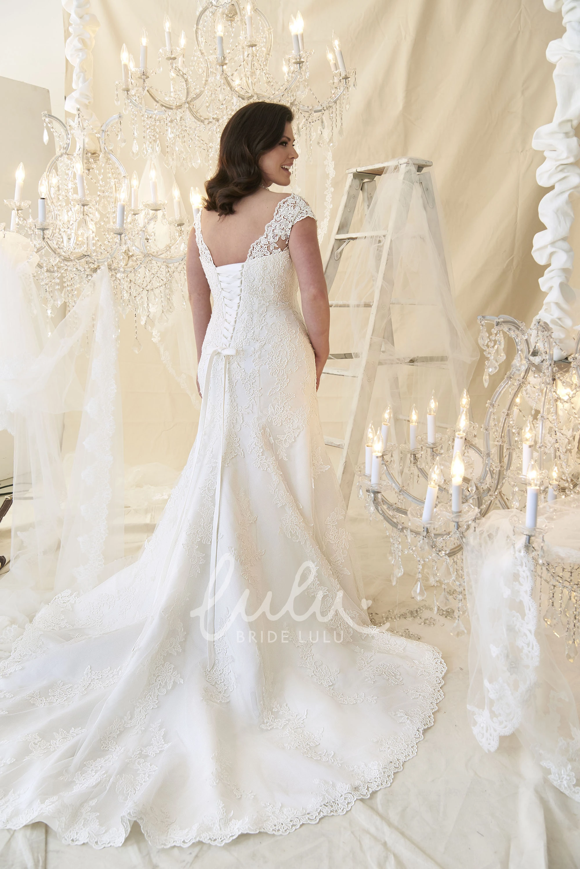 Lace Cap-Sleeve Mermaid Plus Size Wedding Dress with Lace Up V-Neck