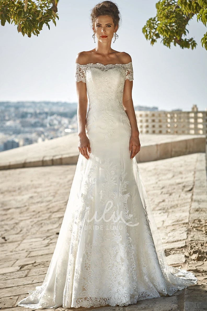 Off-The-Shoulder Lace Wedding Dress with Floor-Length Hem