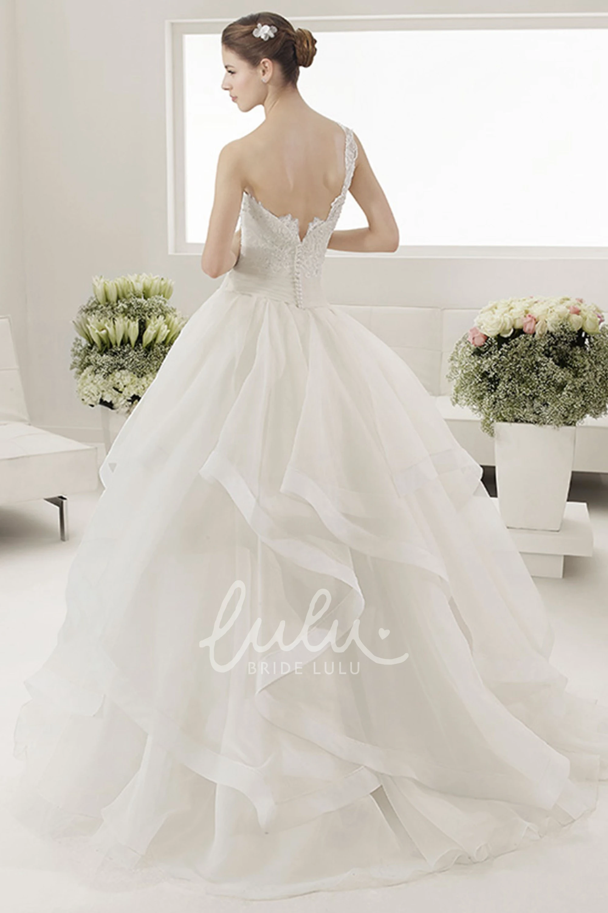 Lace Top Single Strap Bridal Gown with Layered Organza Skirt Unique Wedding Dress Women