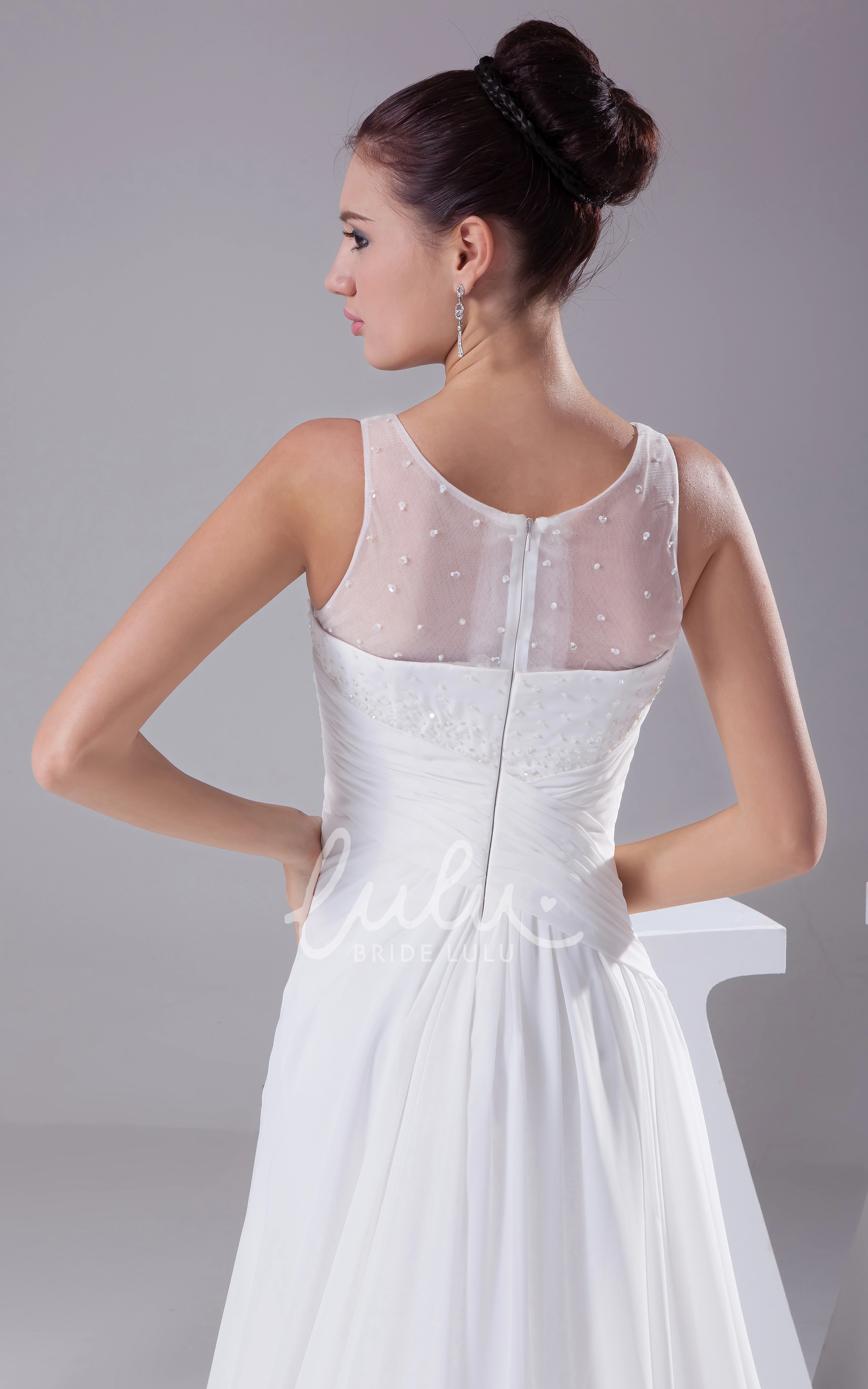 Beaded Chiffon Wedding Dress with Illusion Neckline Elegant and Modern