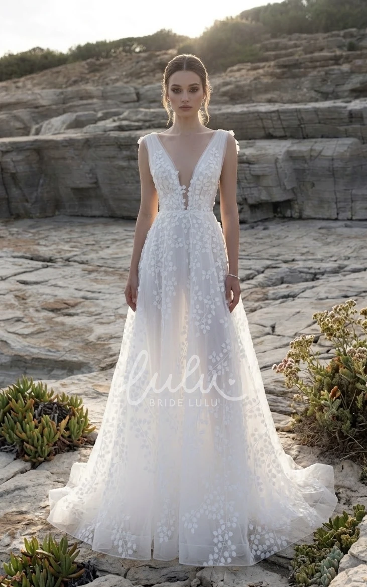 Adorable Flowy Petal Lace Wedding Dress A-Line Deep V-Neck Gown with Train