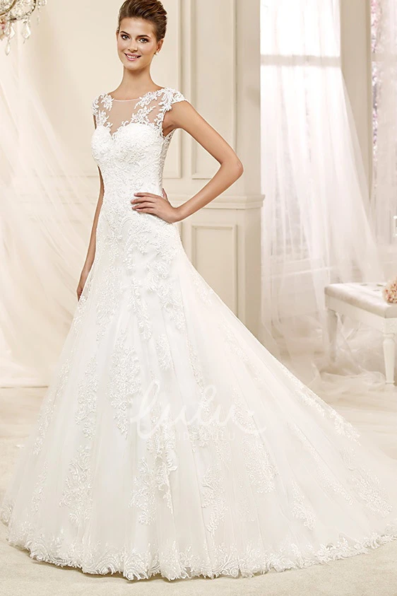 A-line Wedding Gown with Cap Sleeves Illusive Design and Appliques