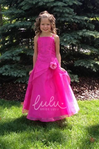 Ankle-Length Organza Flower Girl Dress with Spaghetti Straps and Cape