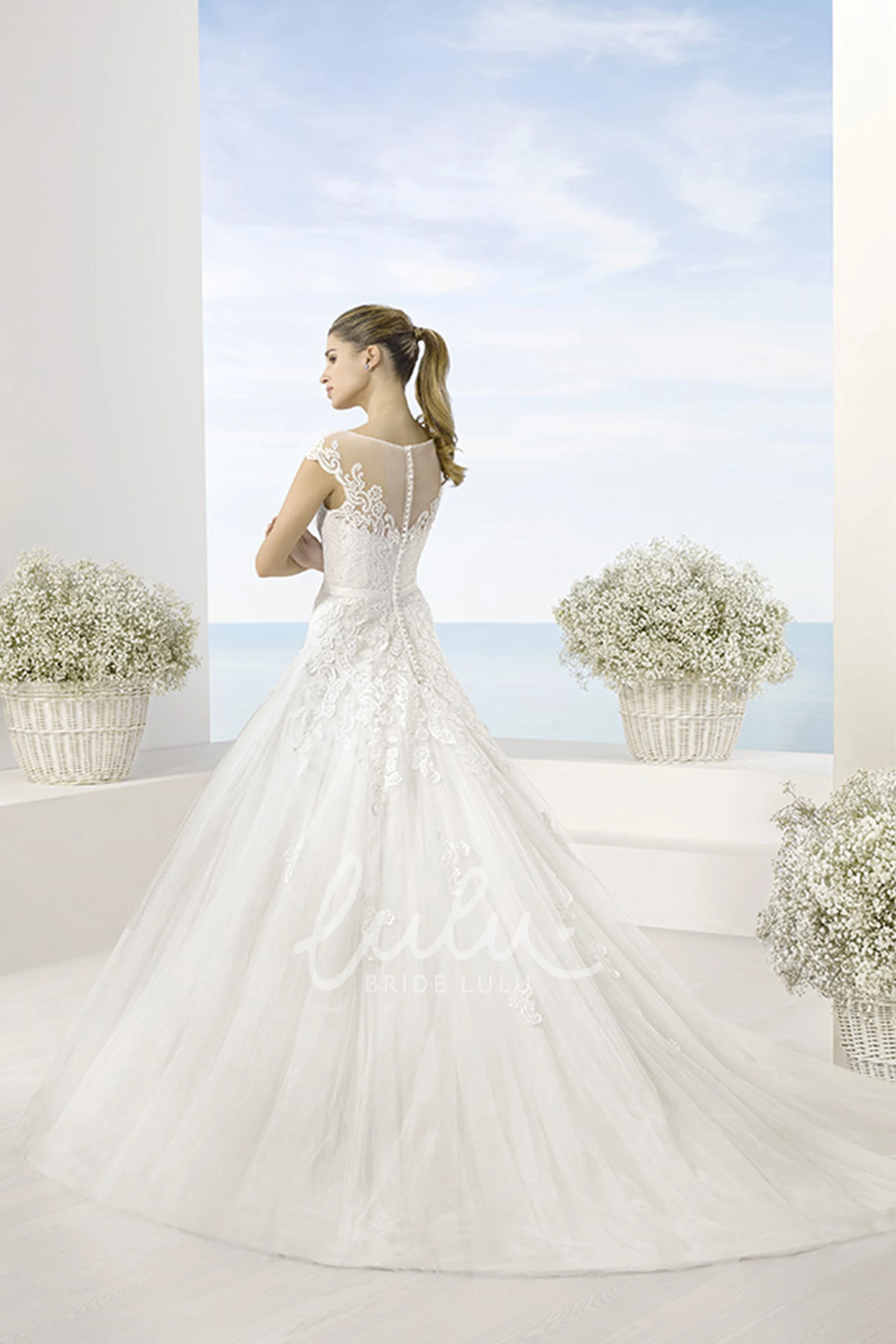 Scoop-Neck Tulle Wedding Dress with Short Sleeves and Illusion + Ball Gown + Waist Jewelry