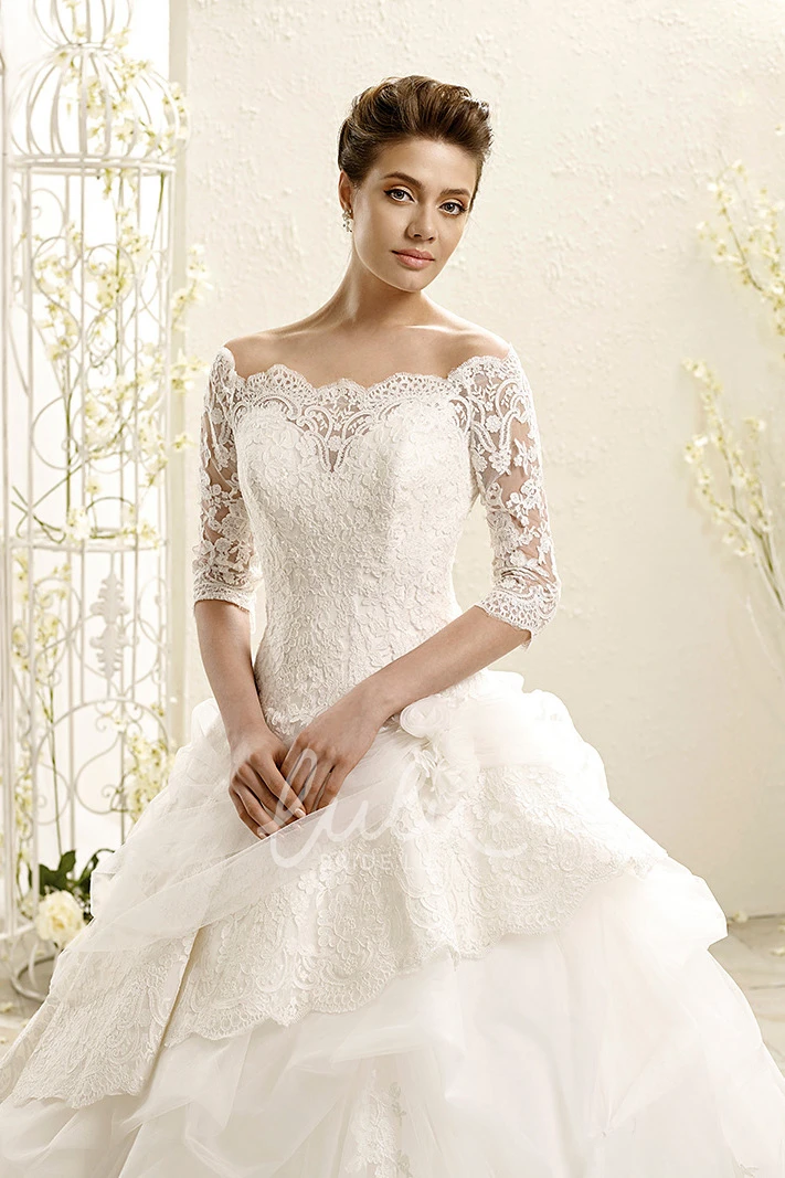 Off-The-Shoulder Ruffled Tulle Ball Gown Wedding Dress with Half-Sleeves