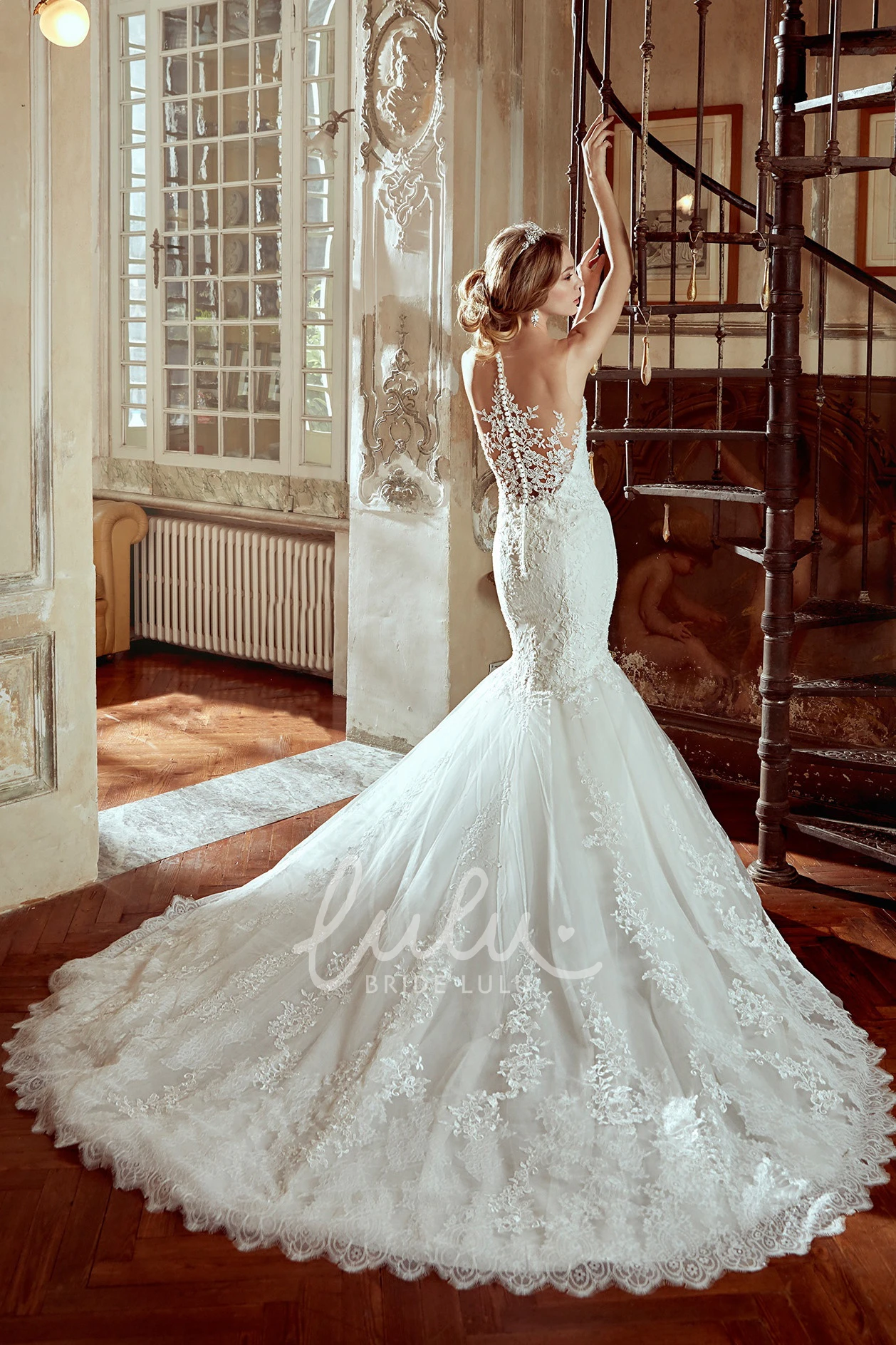 Mermaid Lace Strap-Neck Winter Wedding Dress with Illusion Back Stunning Bridal Gown