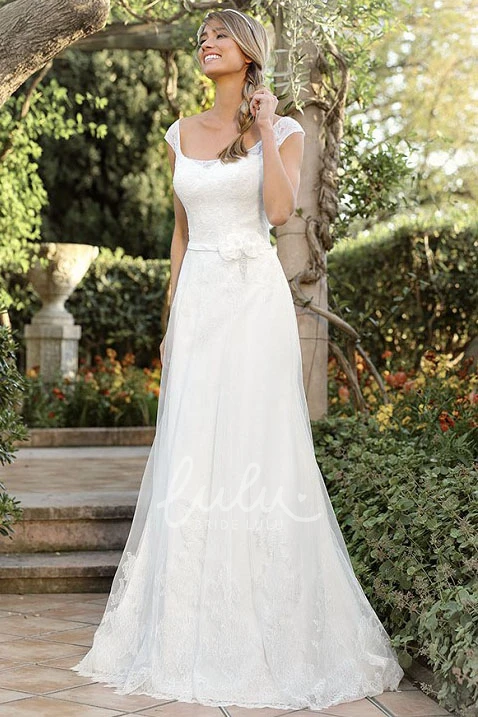 A-Line Lace Cap-Sleeve Square-Neck Wedding Dress Classic Bridal Gown