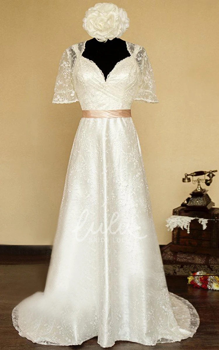 V-Neck Illusion Back Long Lace Wedding Dress With Sash And Flower