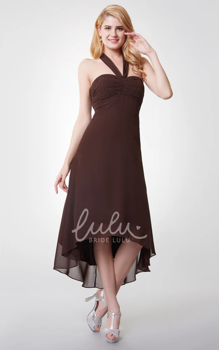 Empire Waist Sleeveless Tea-length Chiffon Dress with Ruching and Shimmering Details