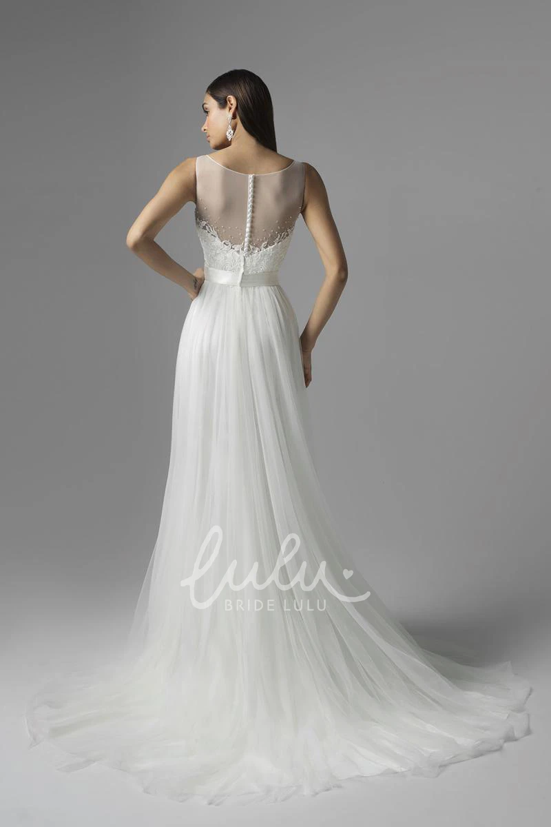 Appliqued Tulle A-Line Wedding Dress Sleeveless Scoop Floor-Length Waist Jewellery Pleats
