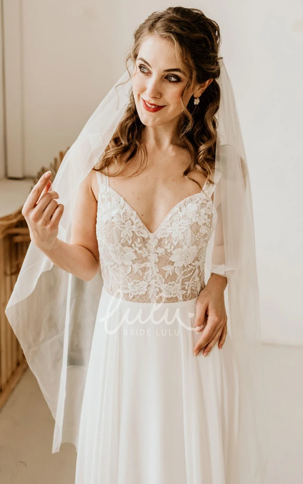 A-Line Petals V-neck Ethereal Lace Garden Wedding Dress with Open Back Floor-length