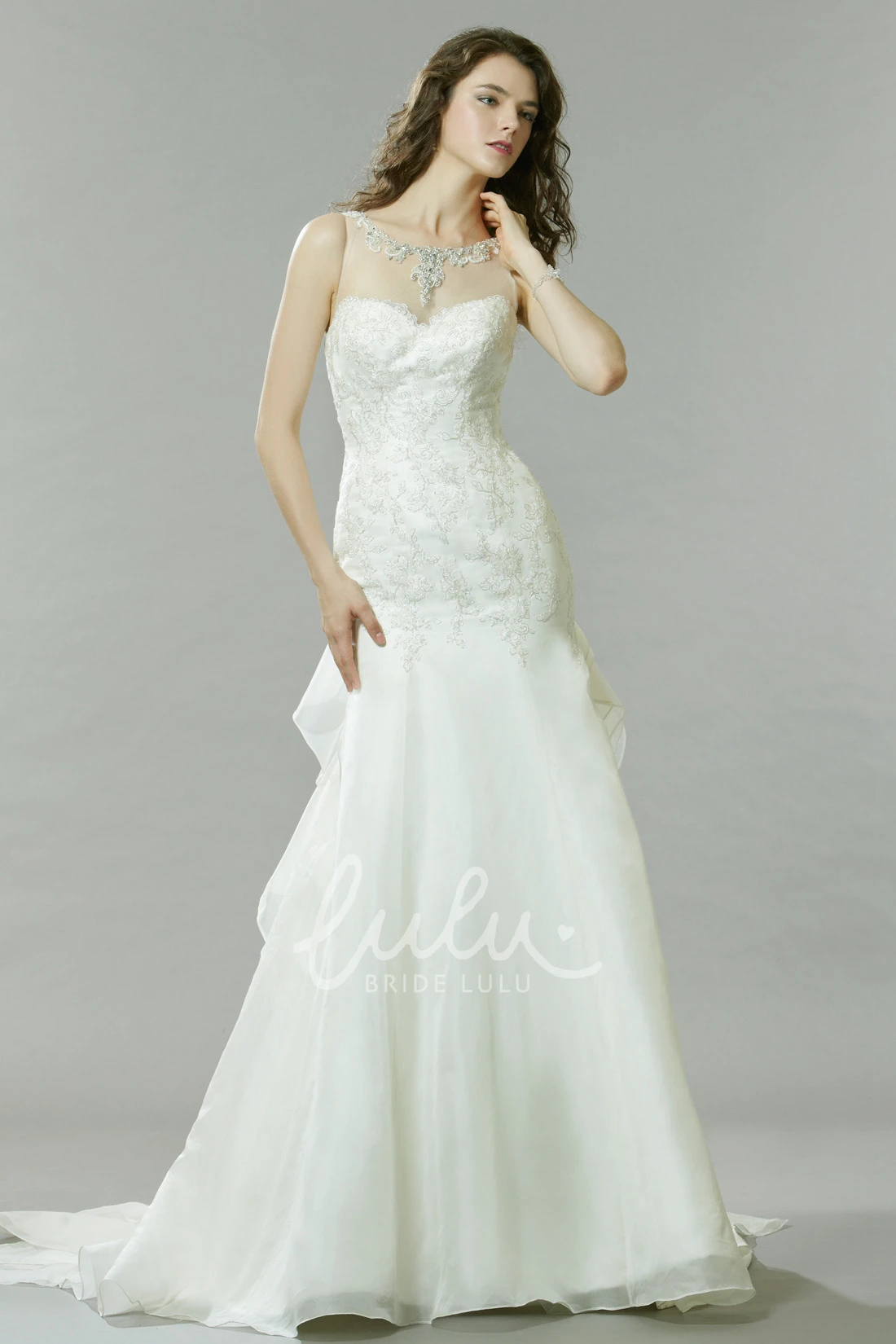 Beaded Trumpet Sleeveless Wedding Dress with Ruffles Long Bridal Gown