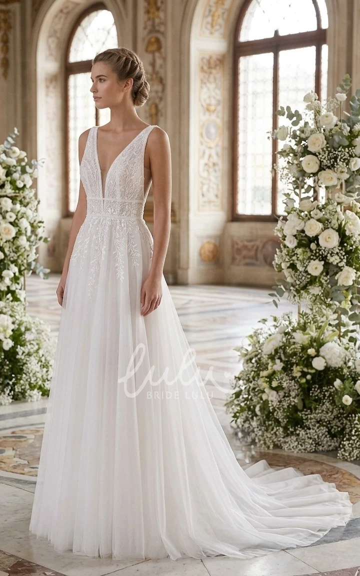 Sparkly Princess A-Line Bohemian Lace Tulle Spring Wedding Dress Romantic Floral Appliqued V-Neck Low Back Court Train Bridal Gown