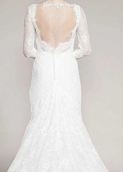Long-Sleeve Lace Wedding Dress with V-Neck and Brush Train