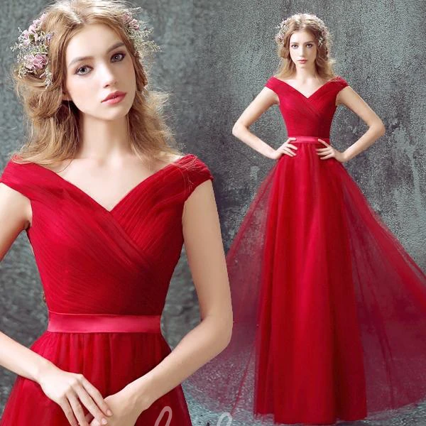 Red Off-Shoulder A-Line Prom Dress with Lace Floor-Length