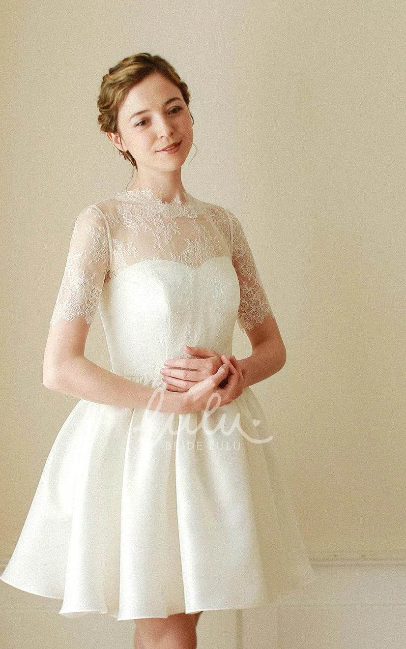 Floral Beach Garden Short A-Line Bohemian Lace Wedding Dress Illusion High Neck Button Back Midi Gown for Reception