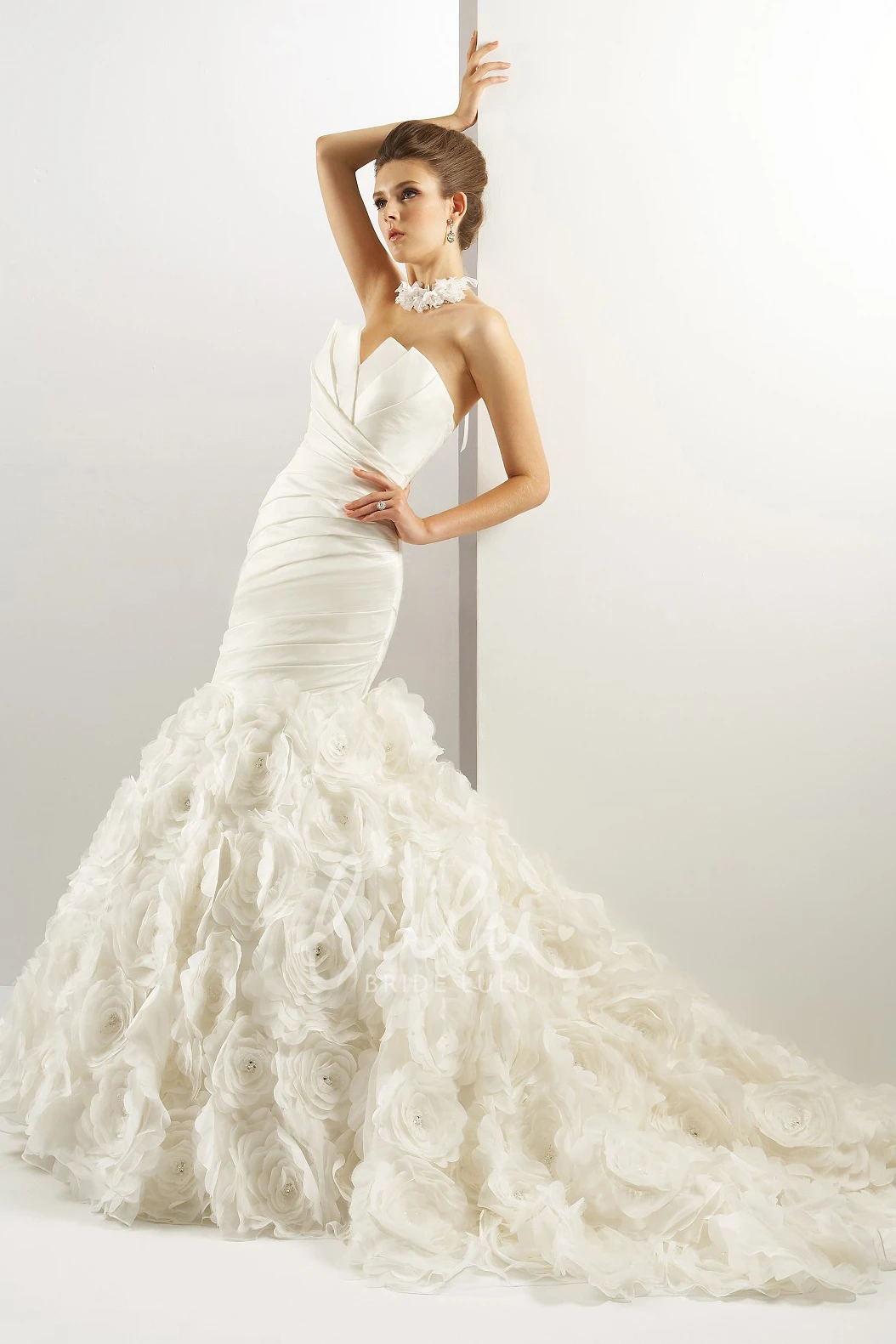 Trumpet Strapless Gown with Flowers and Ruching Unique Wedding Dress