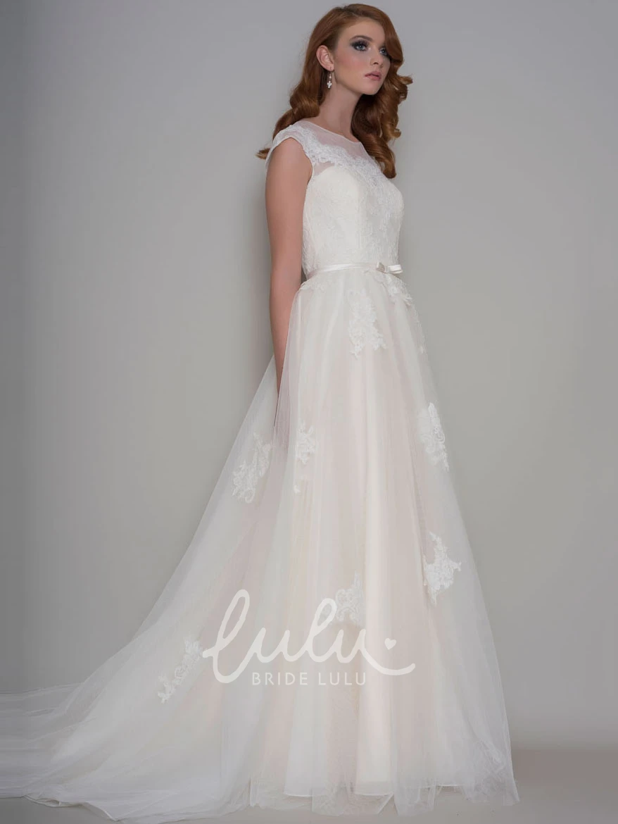 Appliqued Cap-Sleeve Tulle Wedding Dress Long Scoop-Neck Bridal Gown
