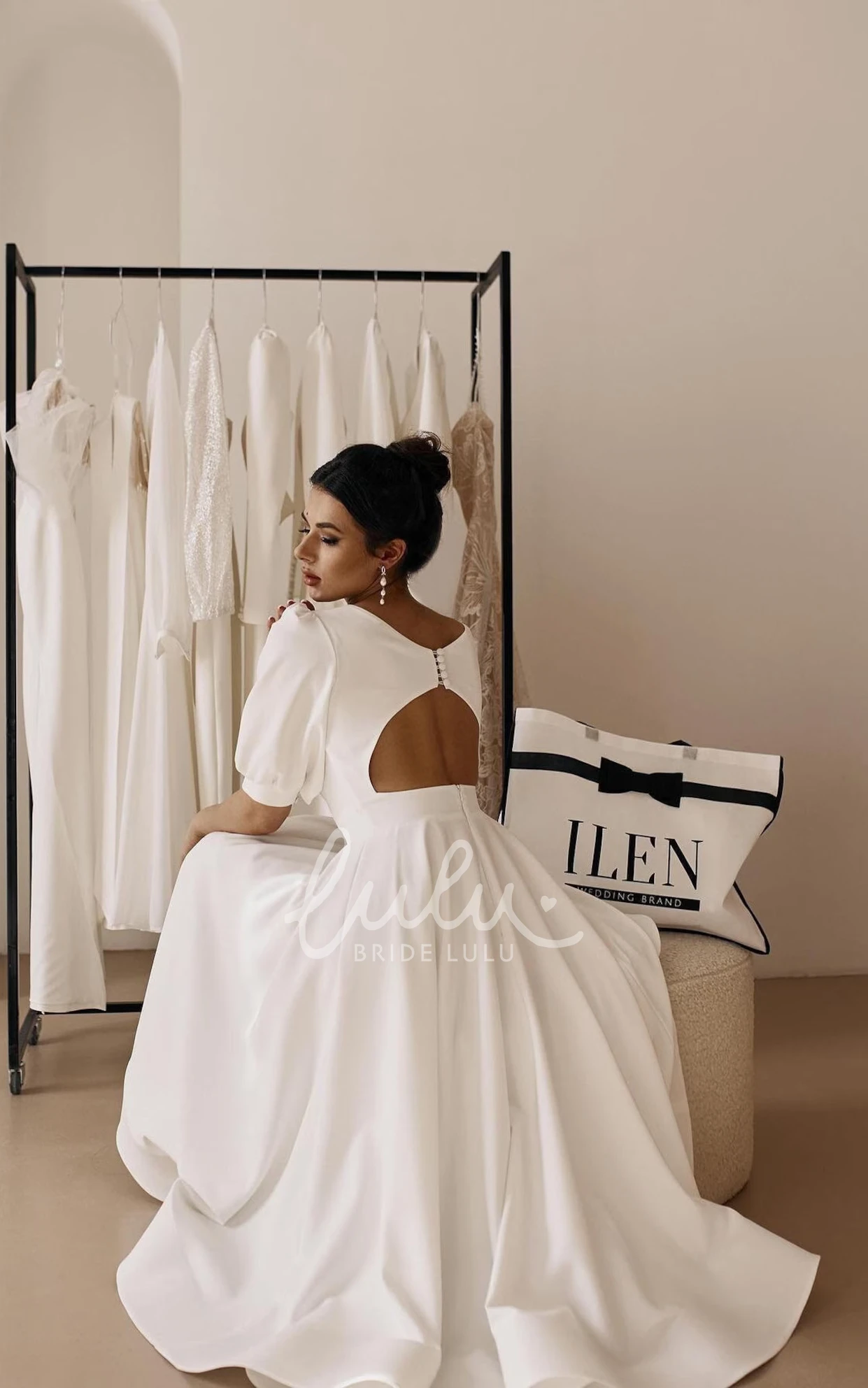 Minimalist Tea Length Summer Wedding Dress Modern Civil A-Line Puff Sleeves Gown for Second Marriage