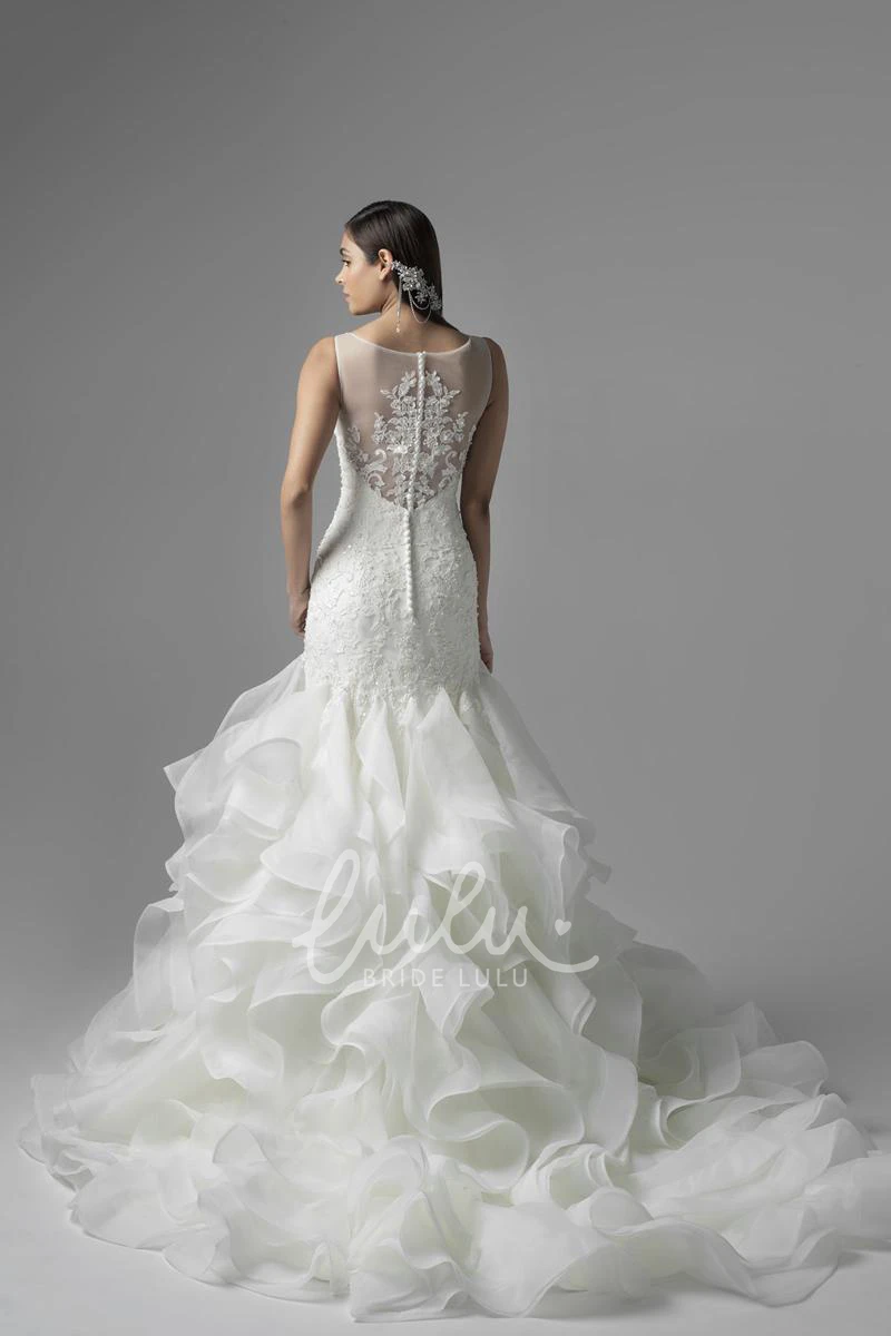Scoop Appliqued Lace Wedding Dress with Court Train and Illusion Classy Lace Wedding Dress