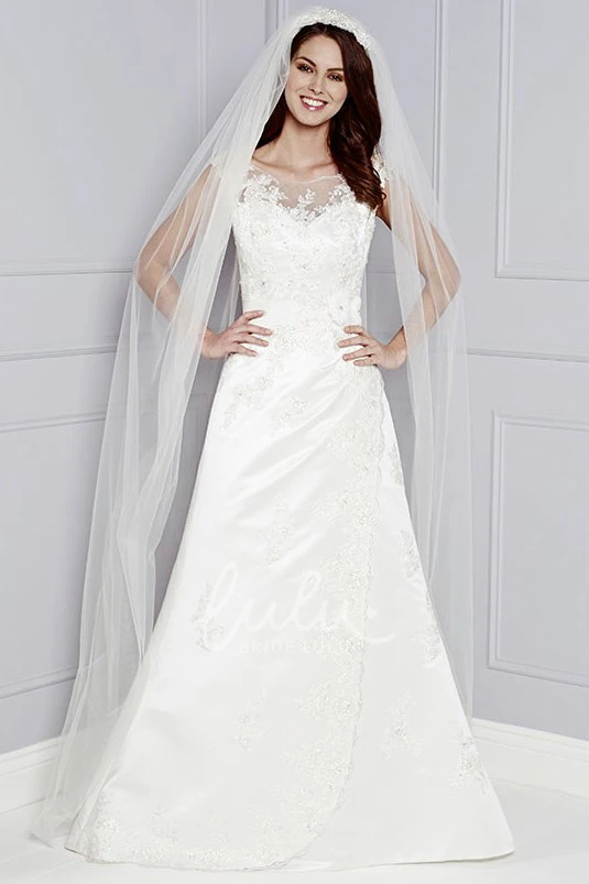 Appliqued Bateau-Neck Taffeta Wedding Dress Cap-Sleeve A-Line Style