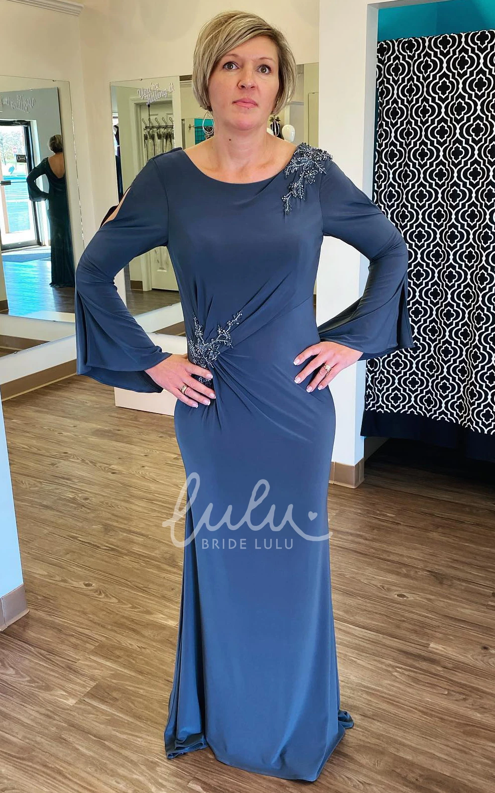 Long Sleeve Ruched Sheath Jersey Formal Guest Dress Elegant