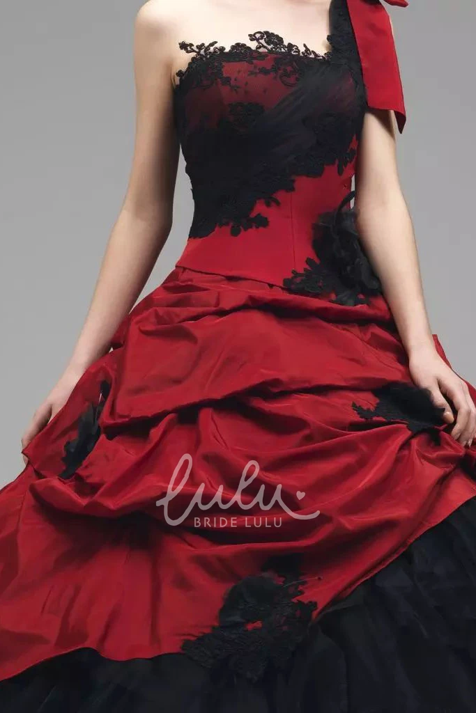 One-shoulder Ball Gown Taffeta Tulle Wedding Dress with Appliques and Ruffles Floor-length