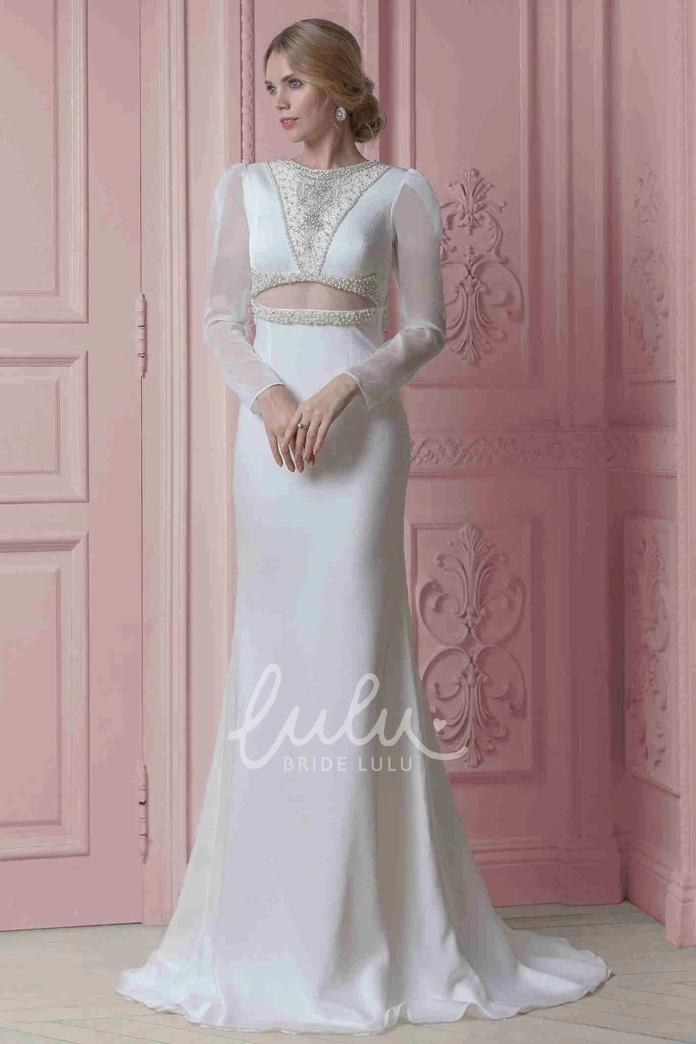 Long-Sleeve Sheath Chiffon Wedding Dress with Beading Classy Bridal Gown