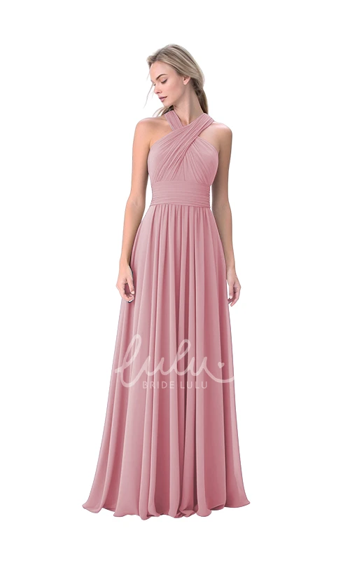 A-Line Chiffon Halter Neck Bridesmaid Dress with Ruching Classy Wedding Dress