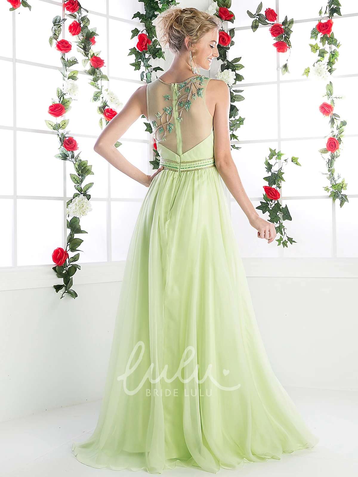 Sleeveless Scoop-Neck Sheath Chiffon Bridesmaid Dress with Illusion and Beading