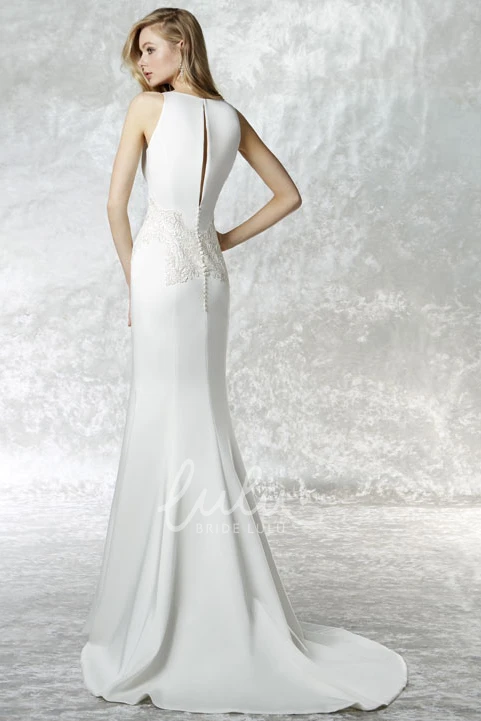 High Neck Jersey Wedding Dress with Applique Detailing and Sweep Train