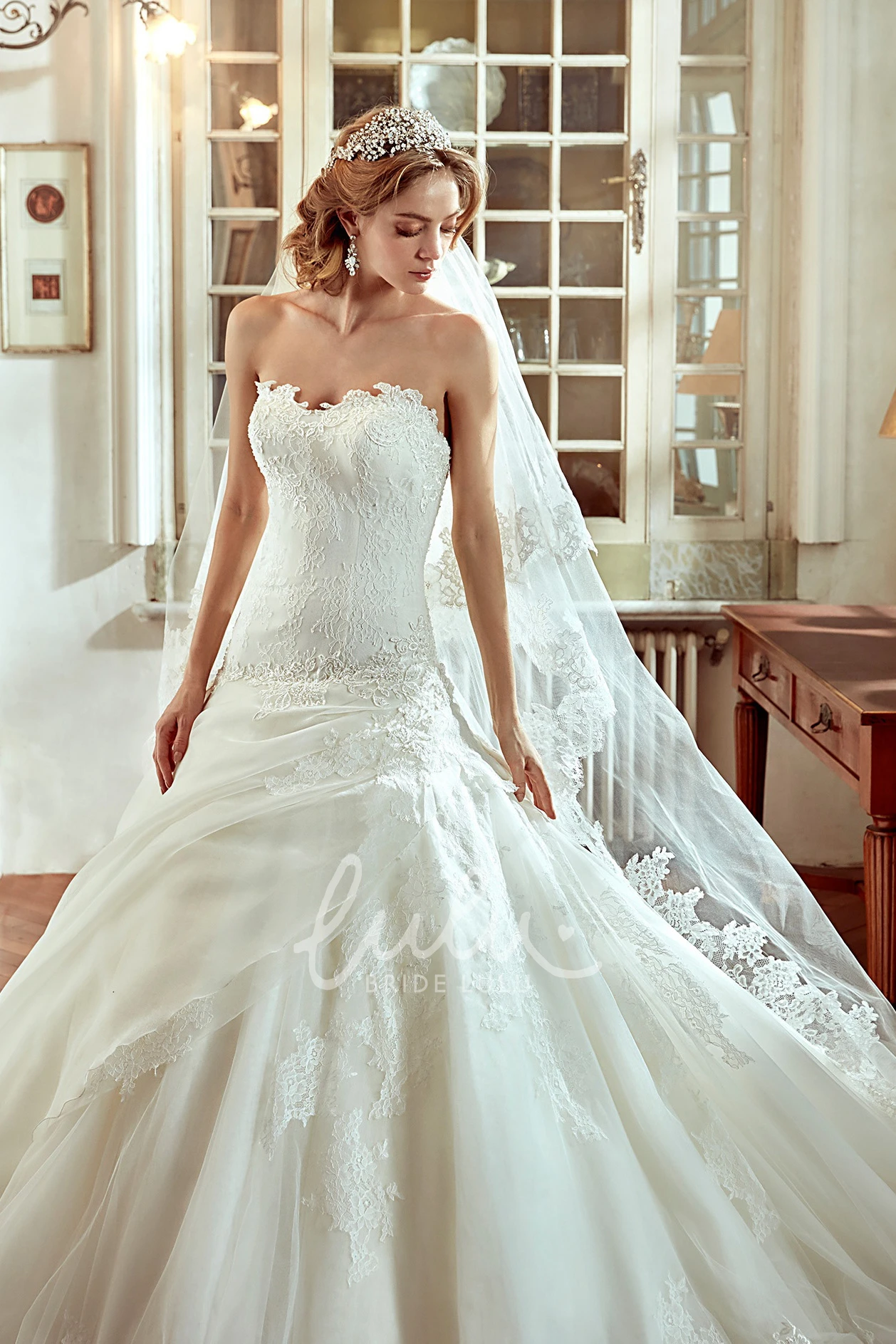 Strapless A-Line Wedding Dress with Side Draping and Embroideries Boho Wedding Dress Beach Women