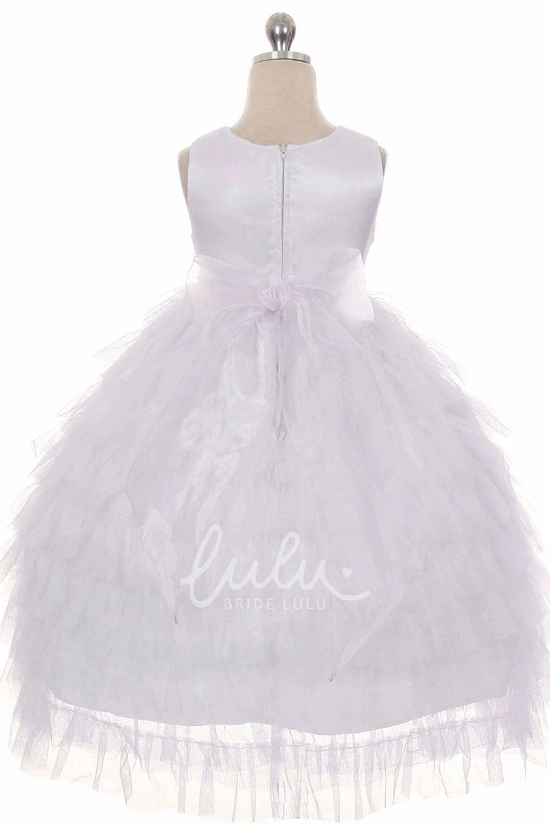 Tulle&Organza Beaded Flower Girl Dress Tea-Length Ruffled