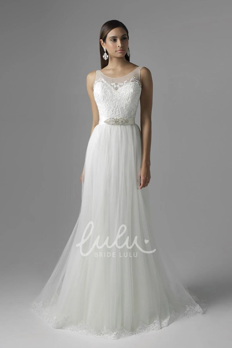 Appliqued Tulle A-Line Wedding Dress Sleeveless Scoop Floor-Length Waist Jewellery Pleats
