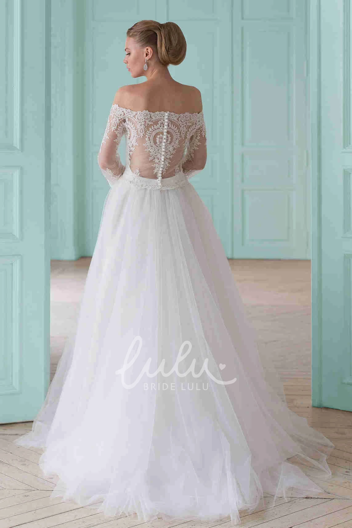 Off-The-Shoulder A-Line Tulle Wedding Dress with Lace and Illusion Long-Sleeve Bridal Gown