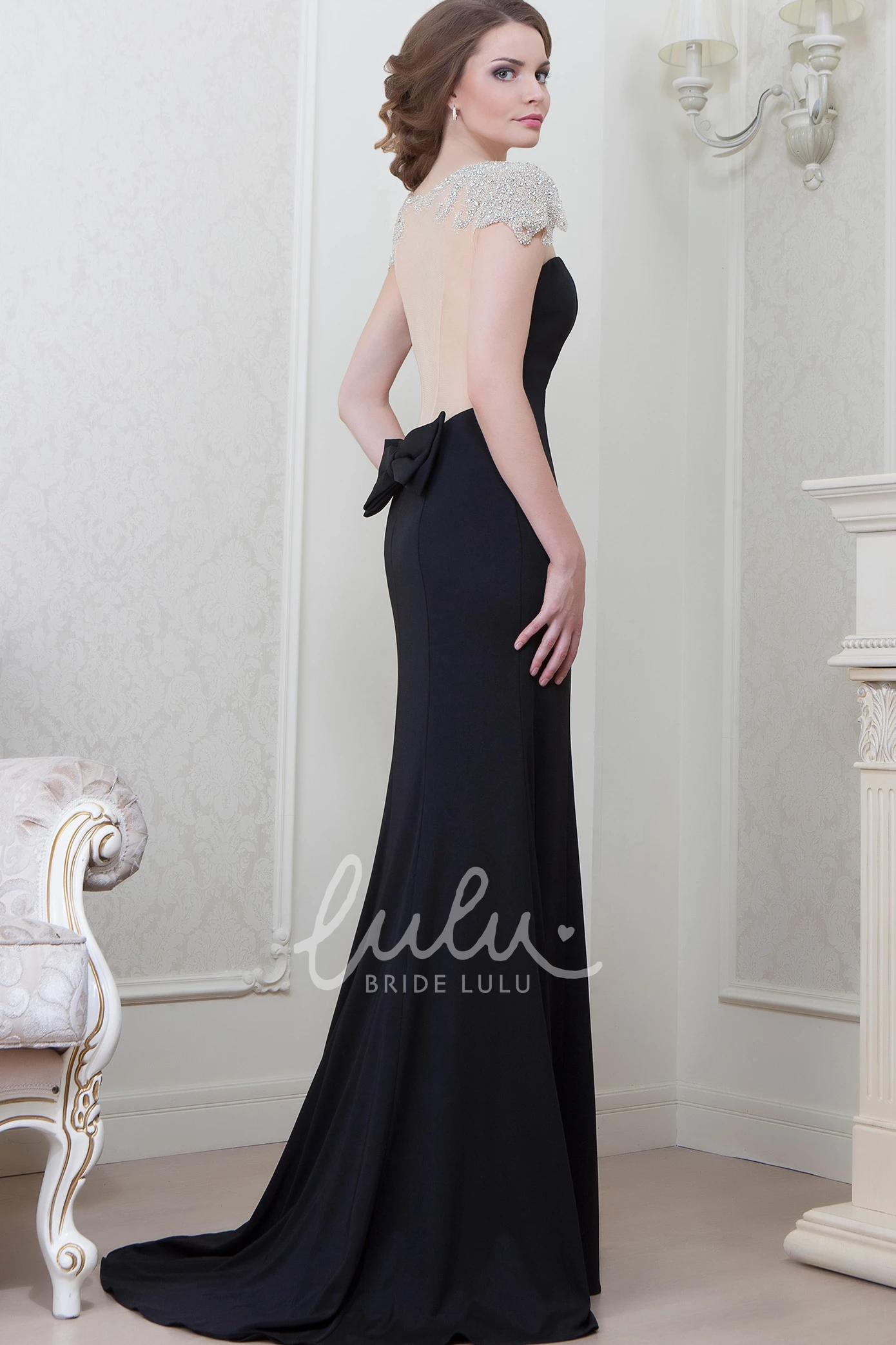 Cap Sleeve Chiffon Evening Dress with Bow + Floor-Length + Women