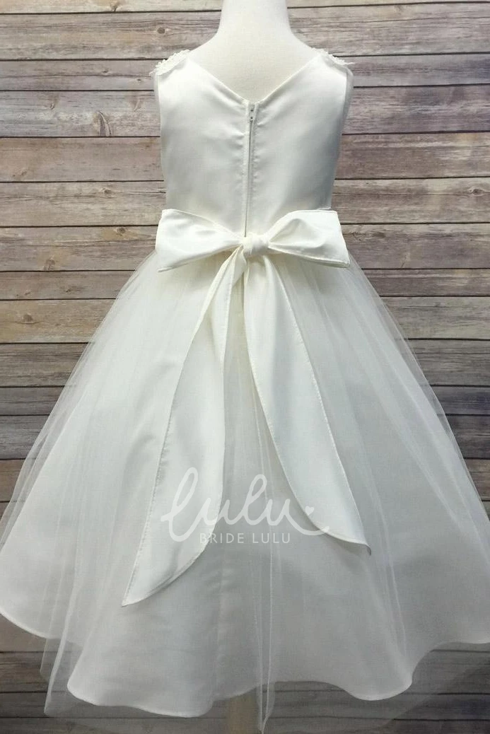 Beaded Appliqued Tea-Length Floral Flower Girl Dress Tulle & Sequins