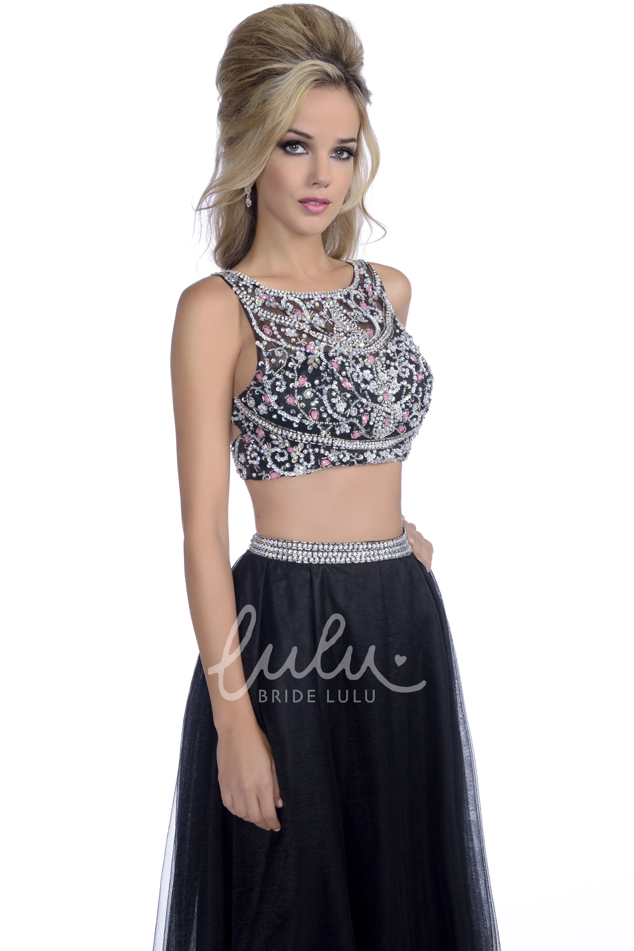 A-Line Tulle Sleeveless Prom Dress with Jeweled Bodice and Bateau Neckline